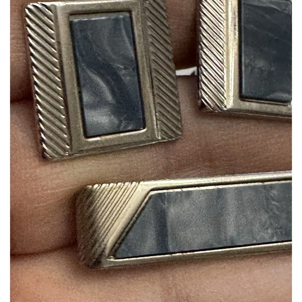 Vintage Gold Tone Cufflinks & Tie Clip Set Gray Inlay Rectangular Art Deco Look